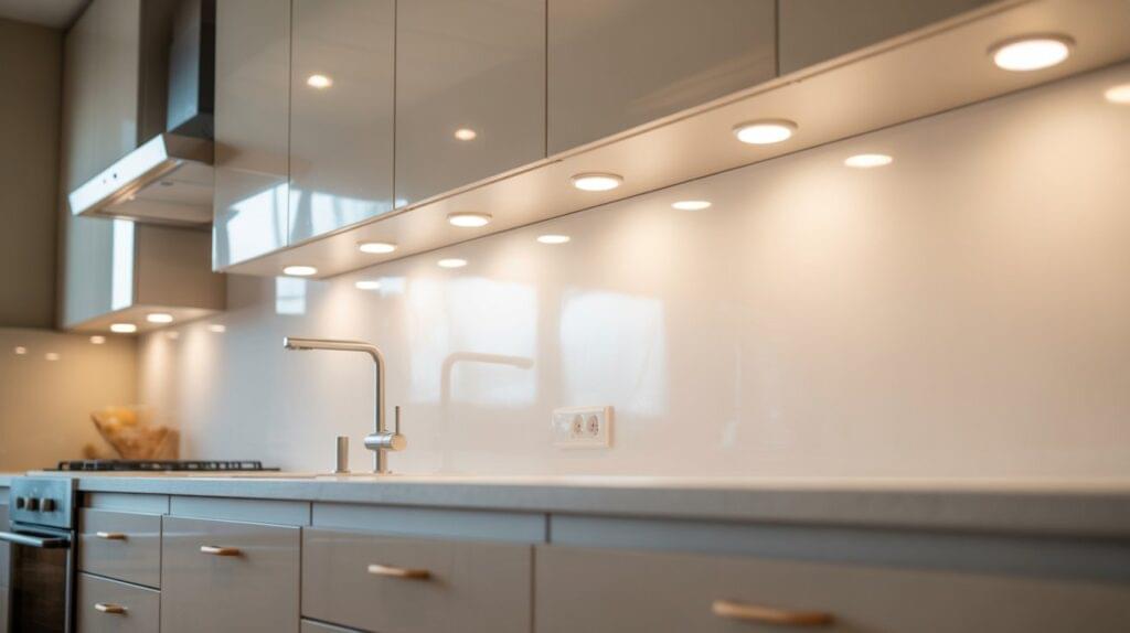 Close-up view of under-cabinet downlights in a modern kitchen, showing sleek lighting solutions that explain what are kitchen downlights in action.