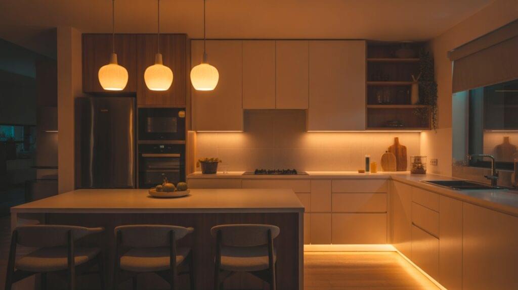 A stylish modern kitchen showing how to set mood with kitchen lights using pendant lighting, under-cabinet LEDs, and floor lighting for a cozy atmosphere.
