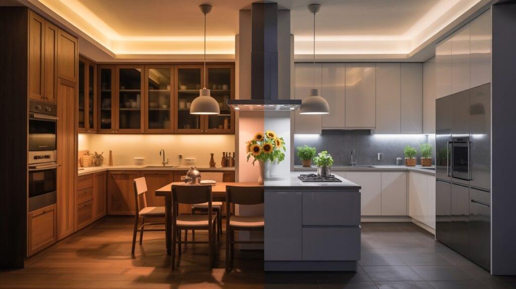 Modern kitchen interior split between warm light and cool light settings, showing a visual comparison of warm light vs cool light in kitchen ambiance and mood.