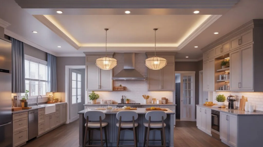 A modern kitchen featuring recessed lights and pendant fixtures, visually illustrating how many lumens for kitchen ceiling light are needed for balanced illumination.