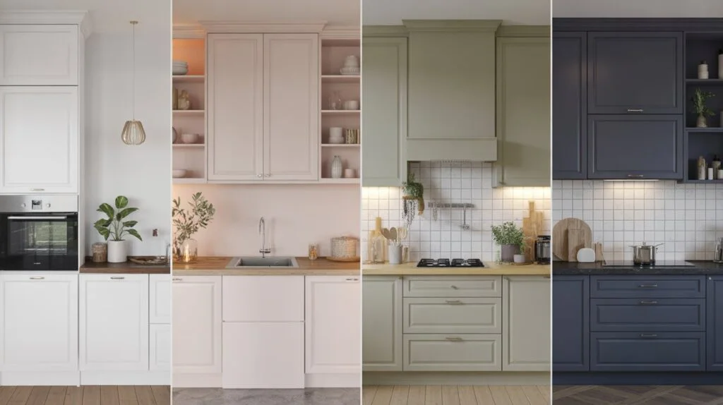 Modern kitchen design showcasing what color walls go with grey kitchen cabinets, featuring white, blush, sage green, and navy tones