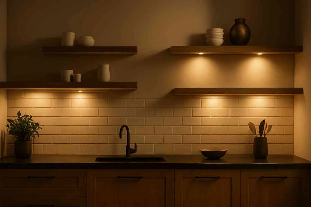 A cozy kitchen with wooden shelves and warm under-cabinet illumination showing what is accent light in a modern home setting.