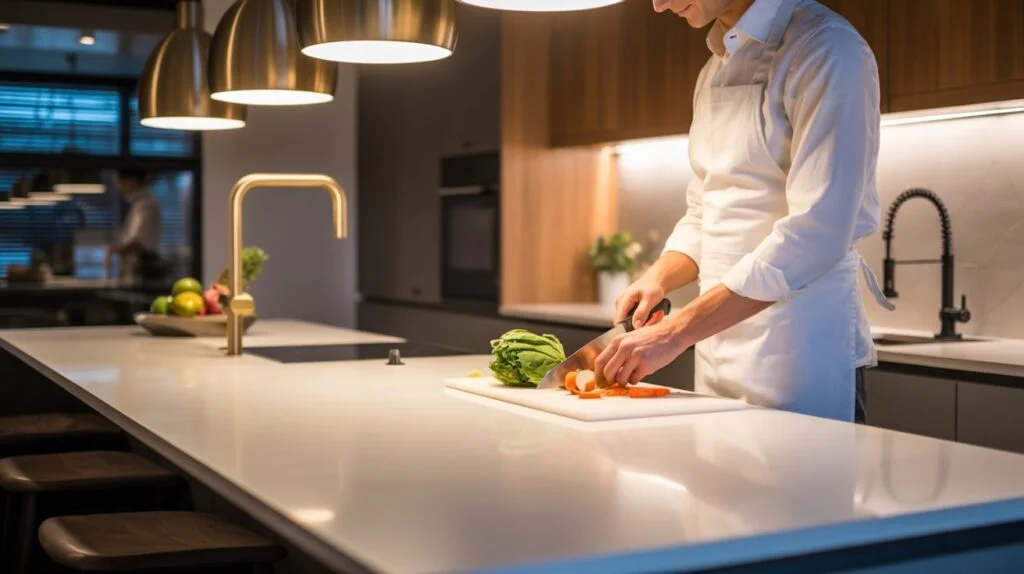A modern kitchen showing what is task lighting in kitchens, featuring under-cabinet LED strips and pendant lights providing focused illumination for food preparation.