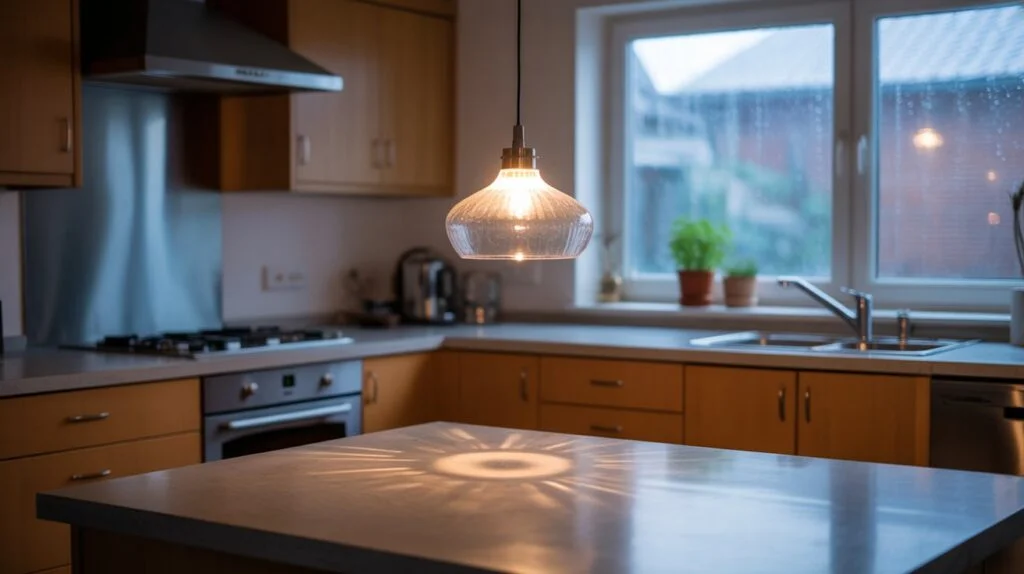 Pendant light above kitchen island dimming unexpectedly, representing common issue of why does my kitchen light flicker