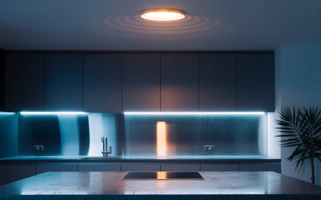 Modern kitchen ceiling light emitting circular buzzing ripples — a visual representation of the issue addressed in “ Why Is My Kitchen Light Buzzing ".