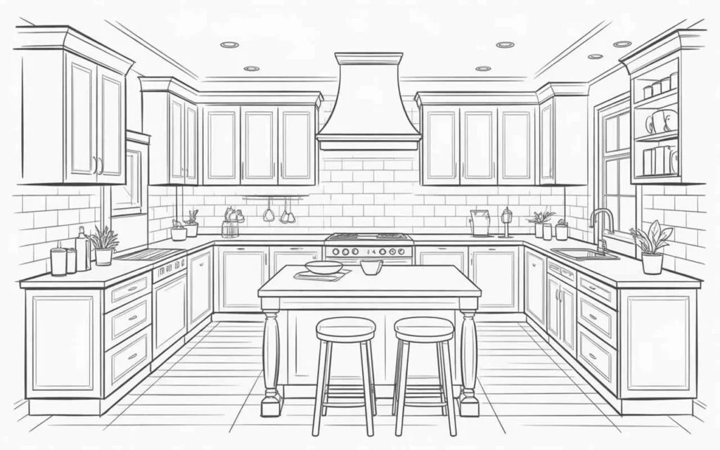 A detailed black and white sketch showcasing modern kitchen design and layout ideas with an island, cabinetry, and lighting placement