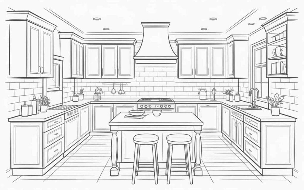 A detailed black and white sketch showcasing modern kitchen design and layout ideas with an island, cabinetry, and lighting placement