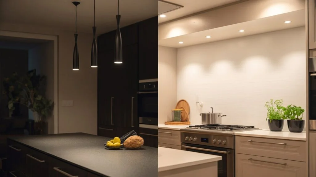 Modern kitchen showing black vs white LED lights for kitchen, highlighting the difference in brightness and mood.