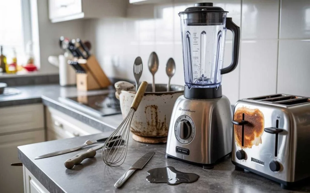 A messy kitchen countertop showing common problems in kitchen tools, including a stained toaster, a blender with leftover water, and dirty utensils.