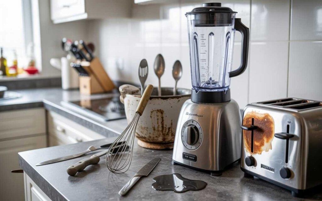 A messy kitchen countertop showing common problems in kitchen tools, including a stained toaster, a blender with leftover water, and dirty utensils.
