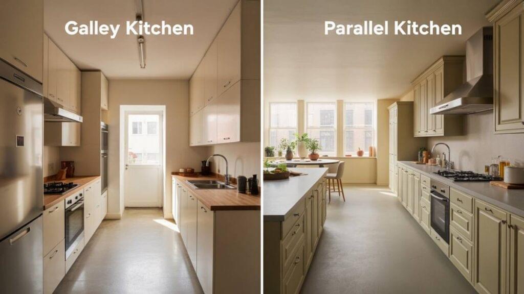 Side-by-side comparison of a galley vs parallel kitchen layout showing a compact galley kitchen on the left and a spacious parallel kitchen on the right.