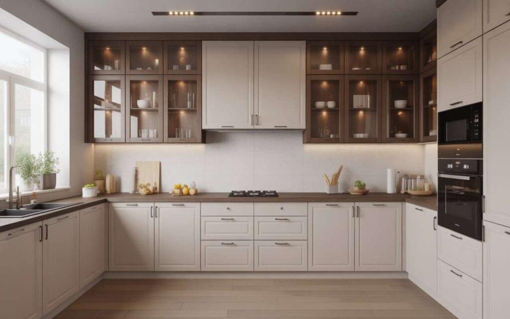 A kitchen showcasing how to design kitchen cabinet layout with sleek upper glass cabinets, under-cabinet lighting, and perfect alignment.