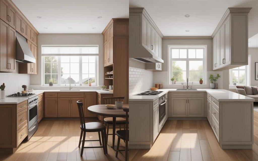 Side-by-side view of modern L shaped vs U shaped kitchen layouts showcasing functional design and aesthetic differences