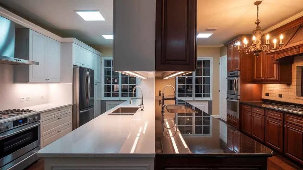 Split-view modern kitchen showing LED vs incandescent light for kitchen, illustrating differences in brightness, tone, and energy efficiency.