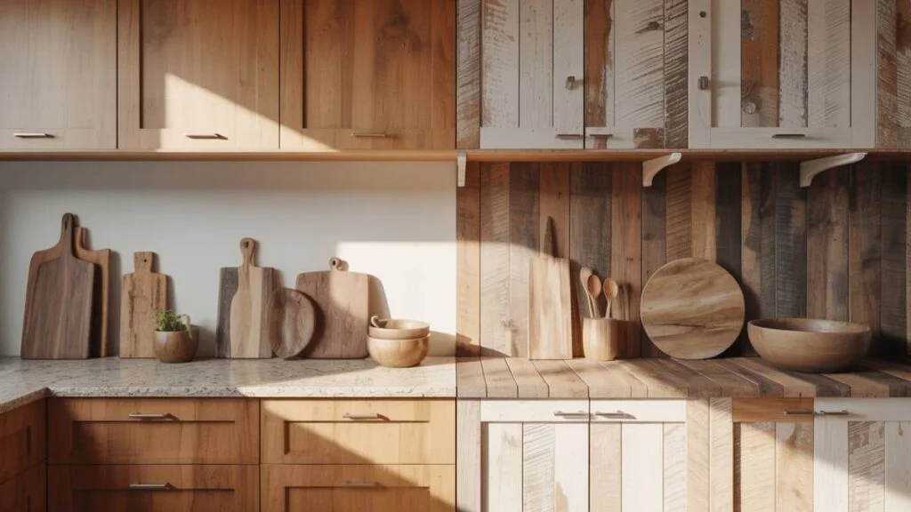 A modern kitchen countertop showcasing mango wood vs reclaimed wood for kitchen cutting boards, bowls, and utensils, highlighting natural textures and sustainable materials.