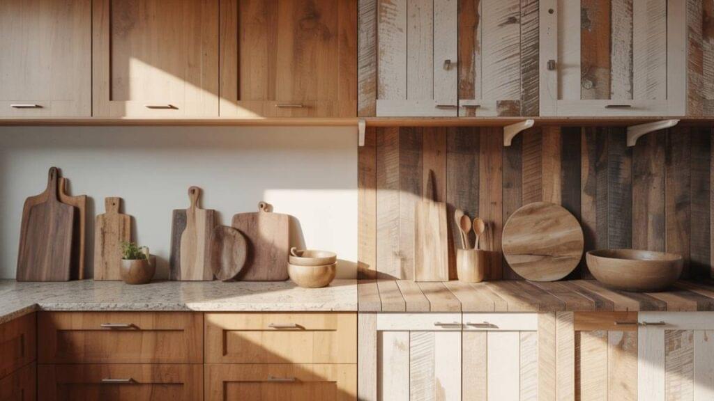 A modern kitchen countertop showcasing mango wood vs reclaimed wood for kitchen cutting boards, bowls, and utensils, highlighting natural textures and sustainable materials.