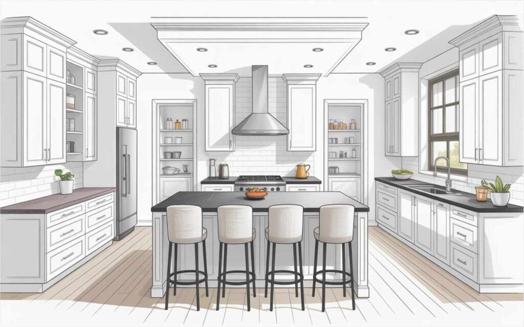 Illustration of a modern kitchen interior showcasing kitchen design and layout ideas with an island, bar stools, and ample storage space.