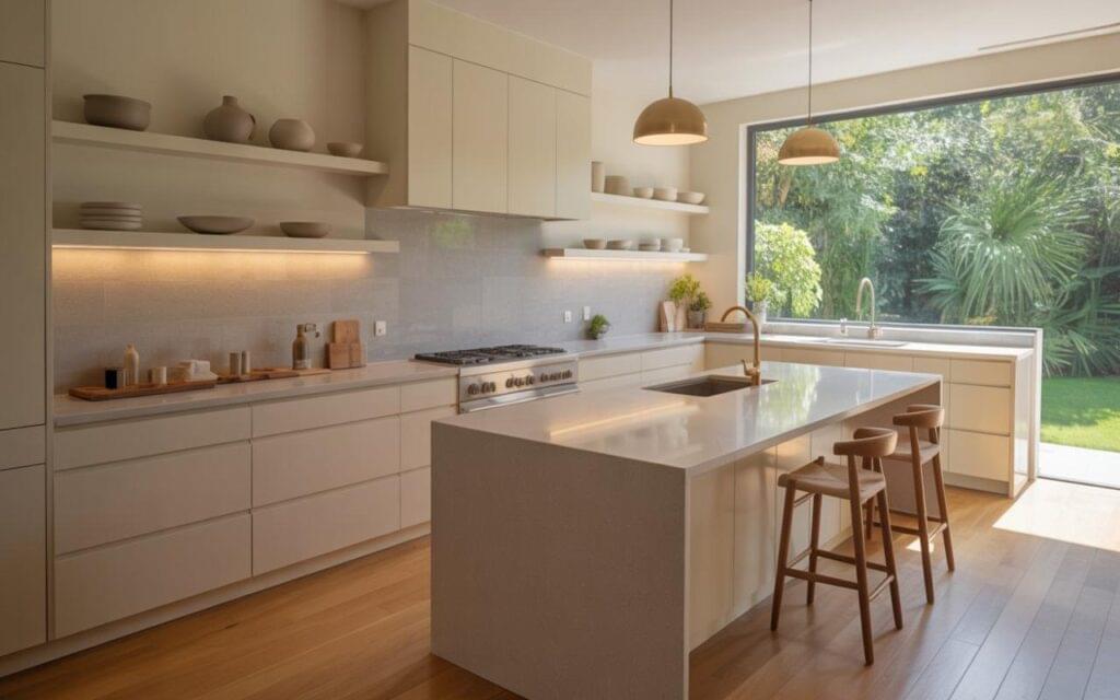 Elegant modern kitchen featuring sleek cabinetry, natural lighting, and functional layout — perfect for modern kitchen design and layout ideas inspiration.