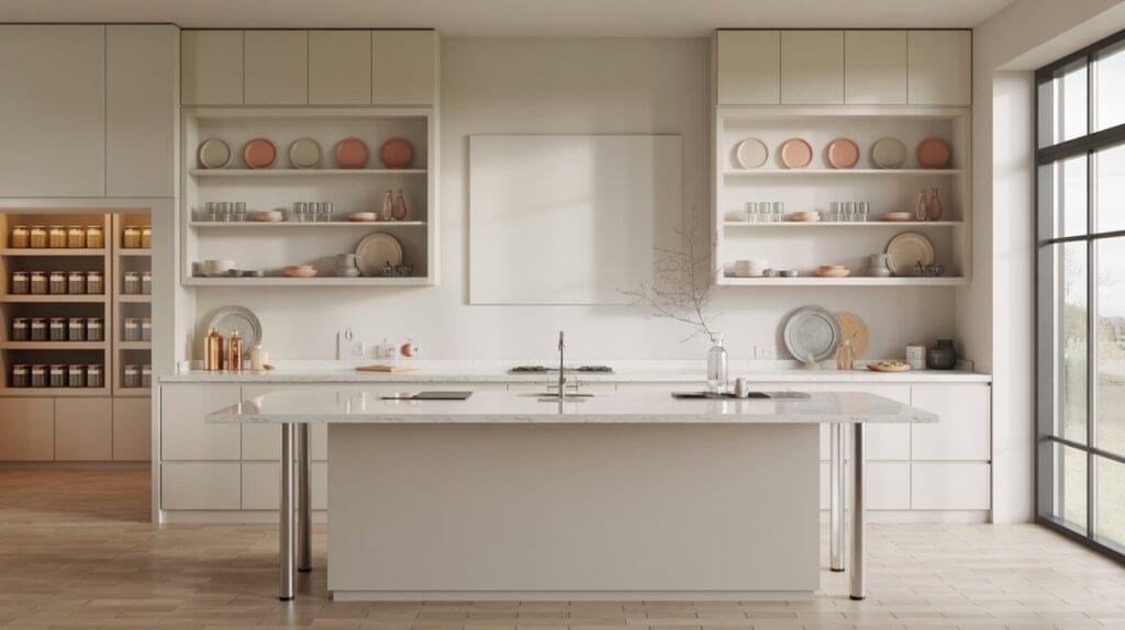 Modern kitchen interior showing open and closed storage to illustrate what is a cupboard in a kitchen, featuring neatly organised shelves and minimalist design.