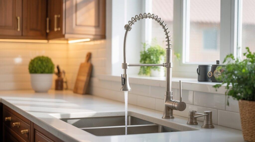 A modern stainless steel sink setup showcasing what is a pre rinse kitchen faucet​ featuring a flexible coil spring spout and elegant kitchen decor.