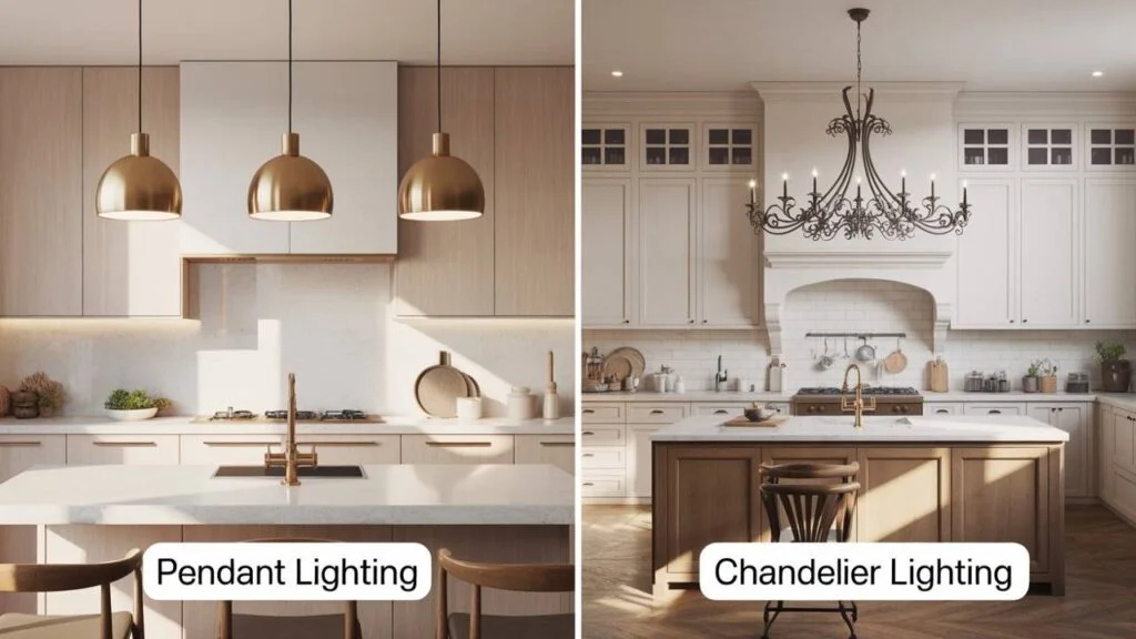 Side-by-side image of pendant vs chandelier lighting for kitchens, showcasing the difference in style and illumination over modern kitchen islands.