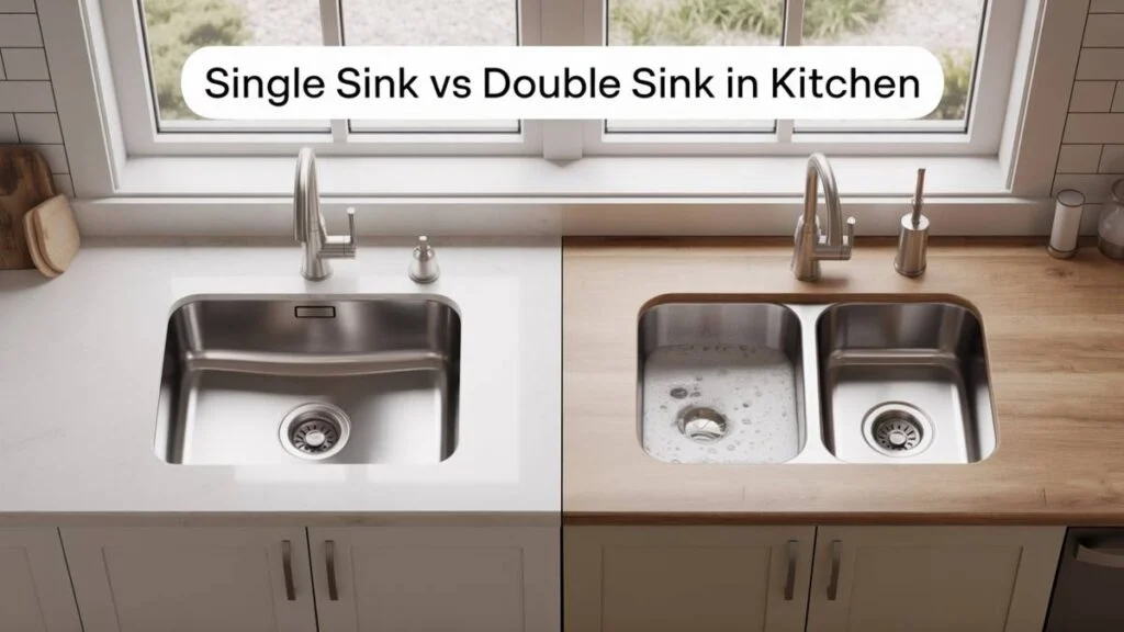 A side-by-side comparison of a single sink vs double sink in kitchen, showing the differences in design and functionality.