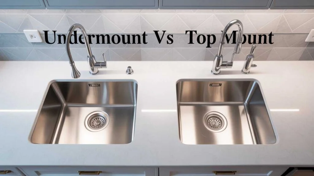 Modern kitchen countertop showing a stainless steel top mount sink and undermount sink side by side for easy comparison – top mount vs undermount kitchen sink.