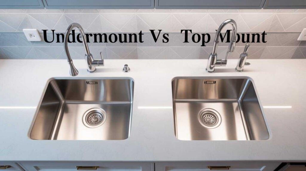 Modern kitchen countertop showing a stainless steel top mount sink and undermount sink side by side for easy comparison – top mount vs undermount kitchen sink.