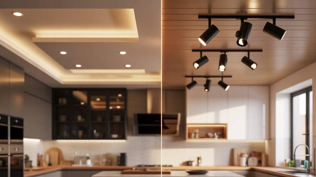 Side-by-side modern kitchen layout illustrating track lighting vs recessed lighting for kitchens, highlighting the design and functional contrasts between both styles.