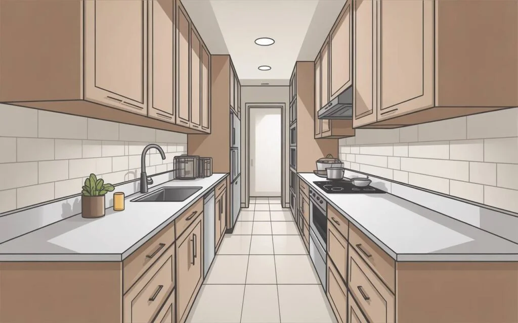 Illustration showing what is a galley kitchen layout with parallel countertops, ample cabinetry, and modern appliances.