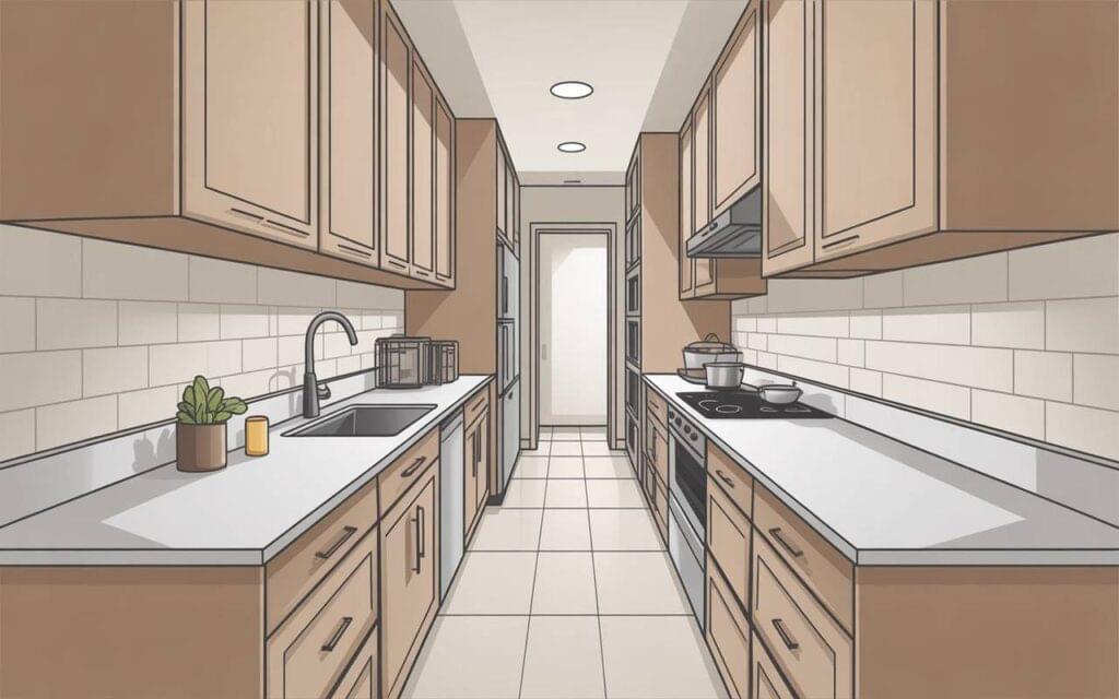 Illustration showing what is a galley kitchen layout with parallel countertops, ample cabinetry, and modern appliances.