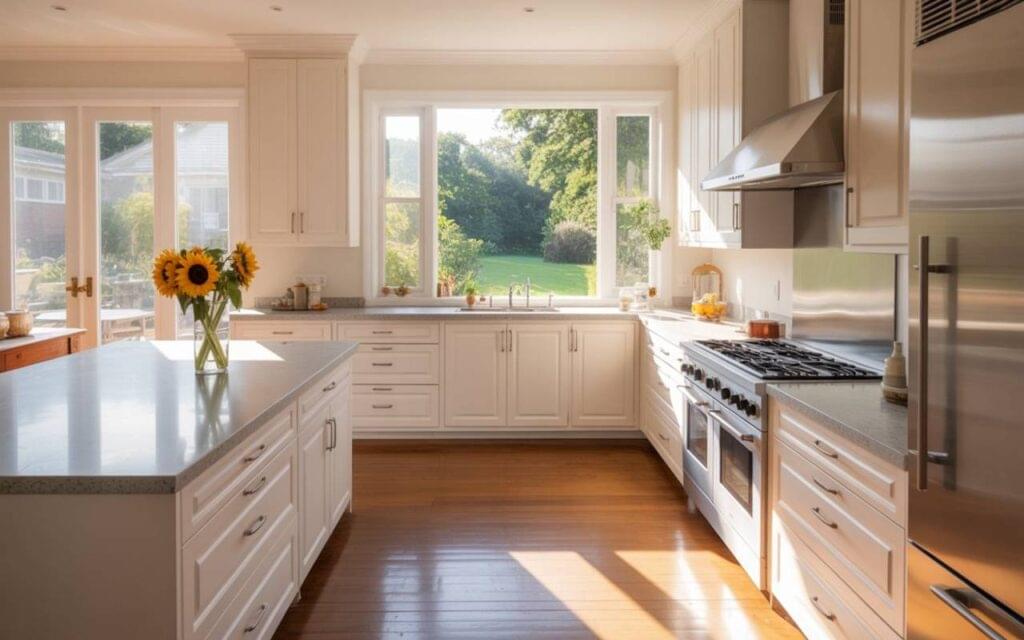 A bright modern kitchen showcasing a spacious island, white cabinets, stainless steel appliances, and large windows, illustrating what is L shaped kitchen layout in a stylish home design.