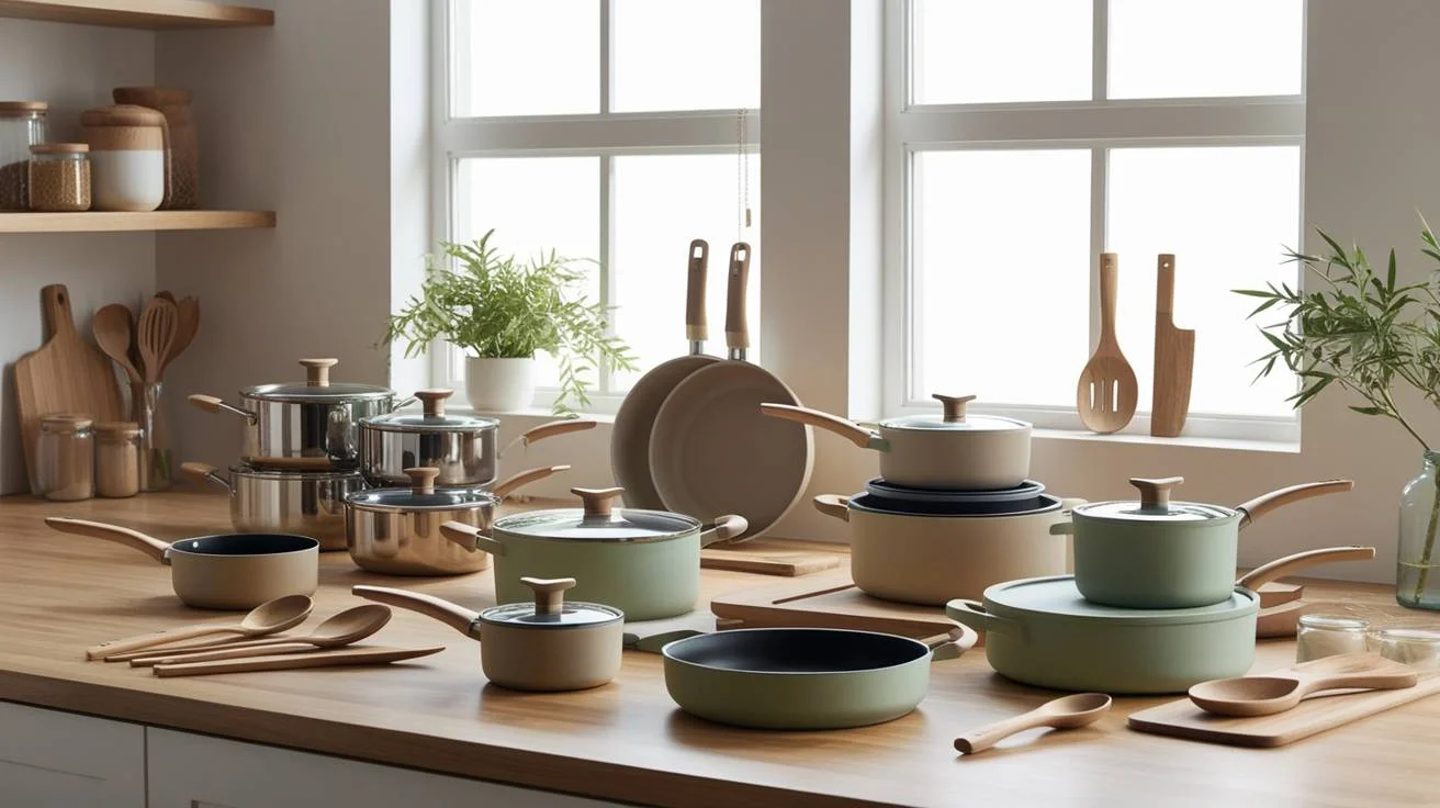 Best eco friendly kitchen cookware sets featuring non-toxic stainless steel pots, ceramic pans, and wooden utensils in a bright modern kitchen.