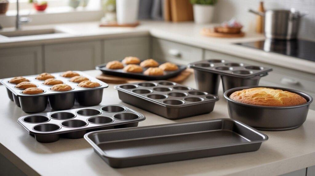 A stylish kitchen counter showcasing the best nonstick bakeware sets, including muffin trays, cake pans, and baking sheets with freshly baked goods.