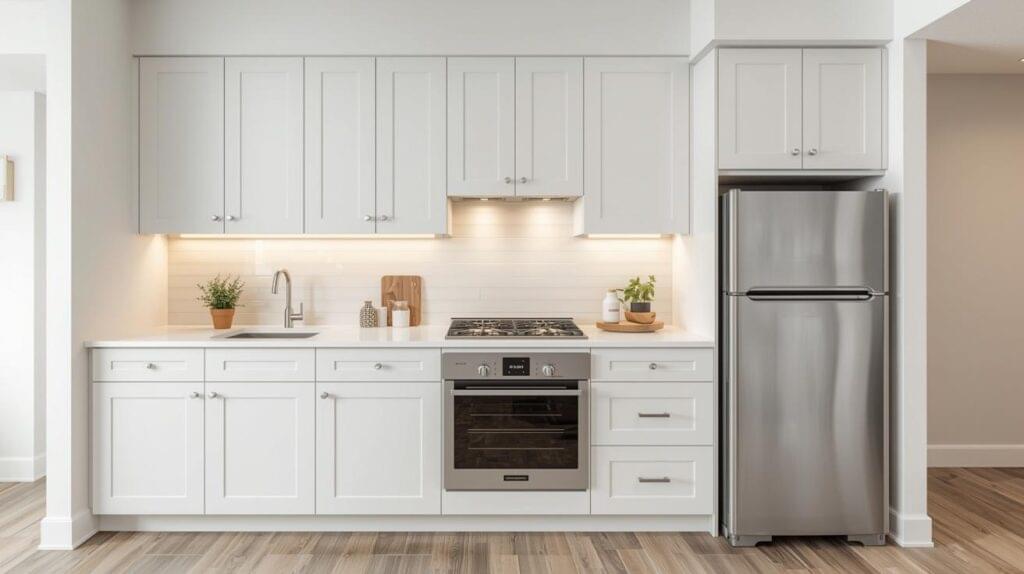 A contemporary white layout that perfectly illustrates what is a one wall kitchen, featuring cabinets, a sink, stove, and refrigerator aligned along a single wall.