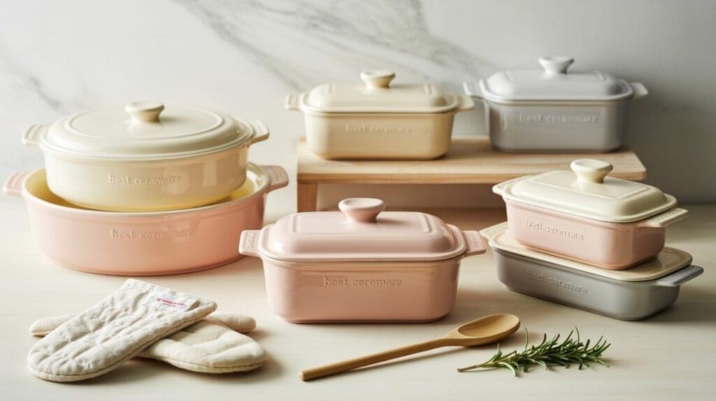 A beautifully arranged collection of the best ceramic bakeware sets in pastel colors including pink, cream, and grey with matching lids, displayed alongside wooden spoon and oven mitts.