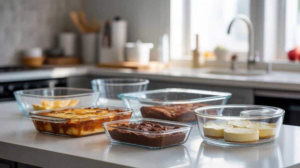 A modern kitchen counter showcasing the Best Glass Bakeware Set filled with baked dishes, desserts, and casseroles in clear glass containers under natural sunlight.