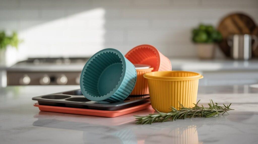 A colorful collection of the best silicone bakeware set, including flexible muffin cups and baking trays, displayed on a modern kitchen countertop with natural lighting.