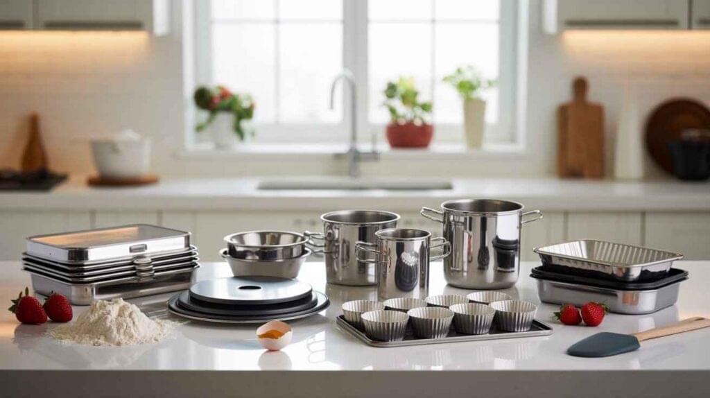 A premium collection of the best stainless steel bakeware set, including pots, trays, mixing bowls, and cupcake molds, neatly arranged on a kitchen counter.