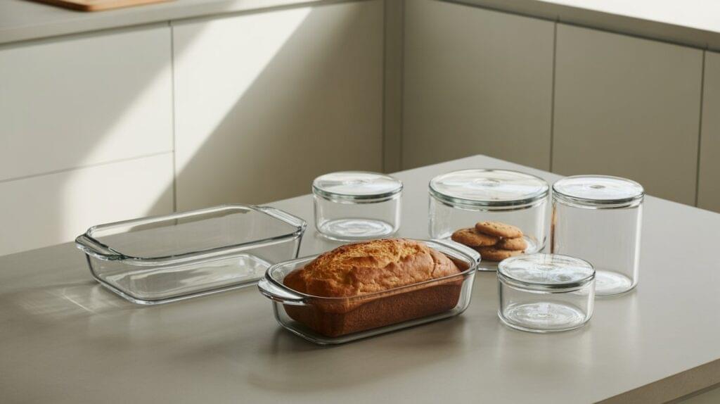 A borosilicate glass bakeware set displayed on a modern kitchen counter, featuring clear glass dishes with freshly baked bread and cookies.