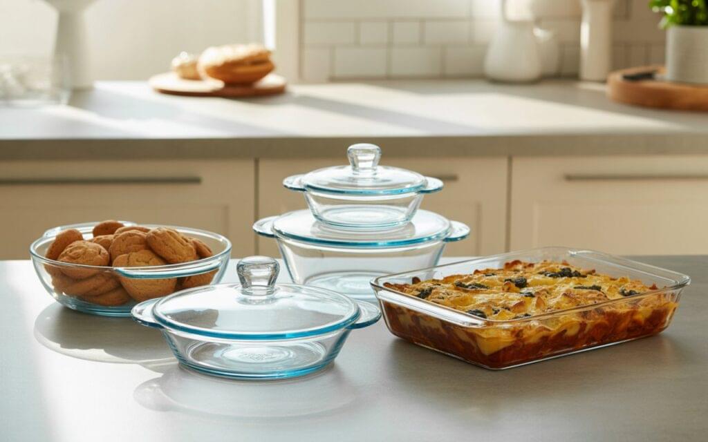 A pyrex glass bakeware set displayed on a modern kitchen counter featuring clear glass dishes, bowls, and trays filled with cookies and lasagna under natural light.