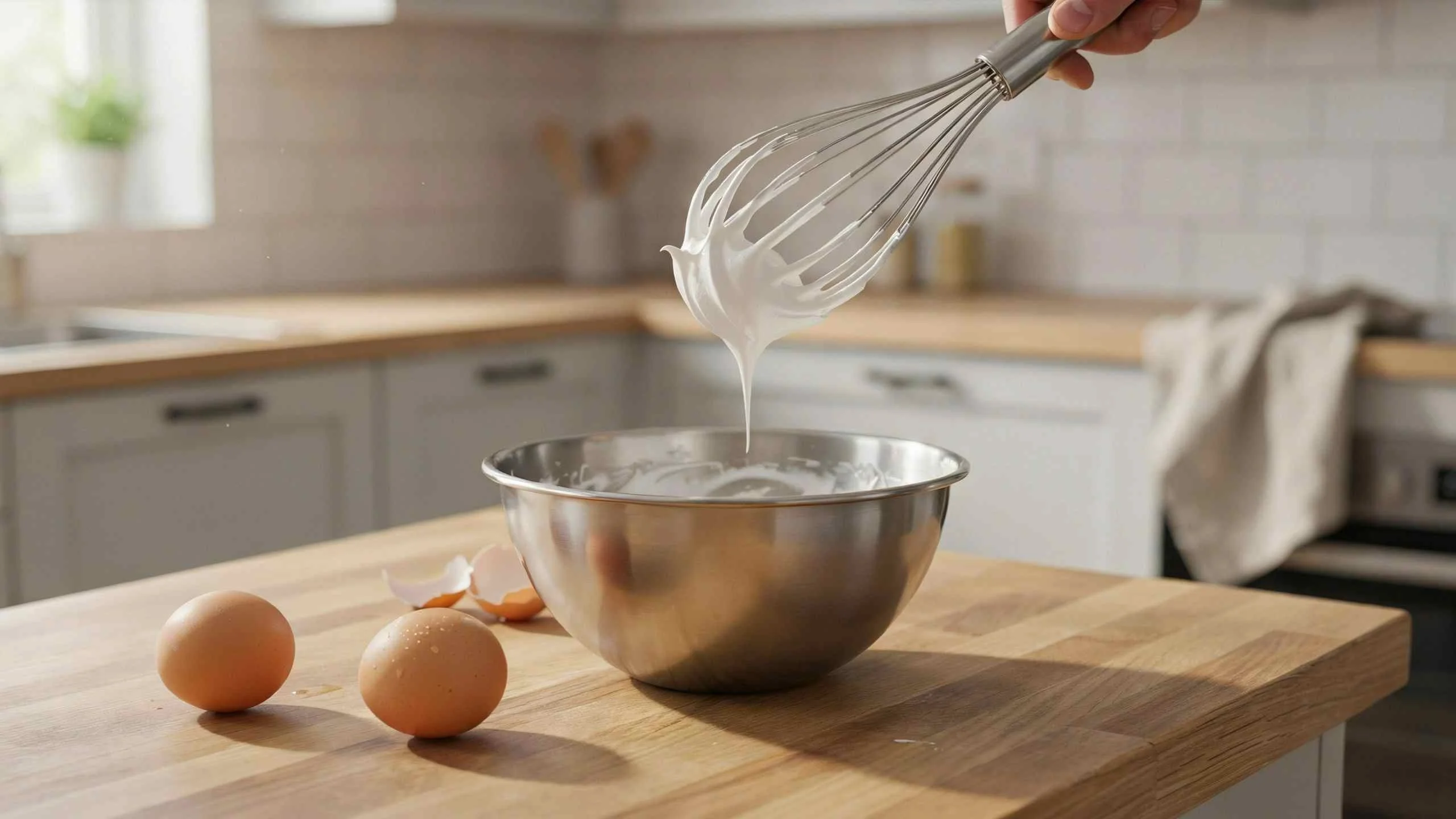 Side-by-side bowls showing room temperature eggs for meringue whipped to taller, glossier peaks than cold eggs.