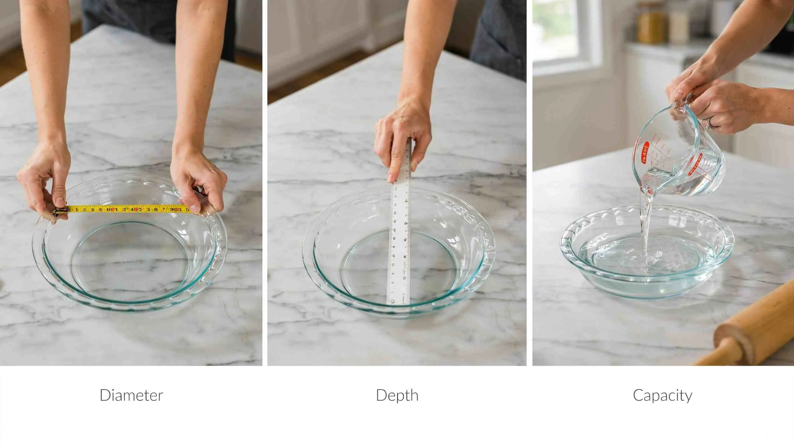 Three-panel demo of how to measure a pie pan — tape measure across the rim for diameter, ruler held vertical for depth, and water poured in to check capacity.