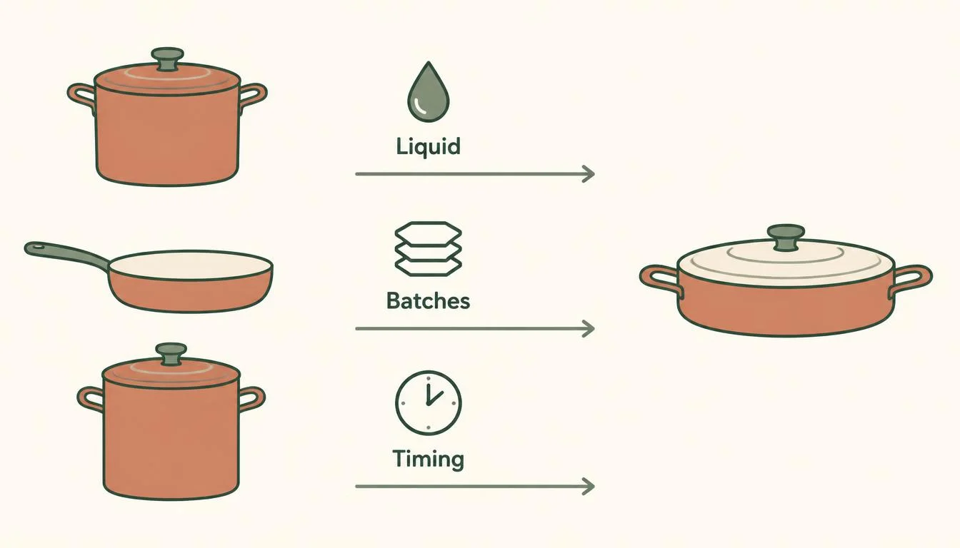 Infographic showing how to convert a recipe for a braiser from a Dutch oven, skillet, or stockpot by adjusting liquid, batch size, and timing.
