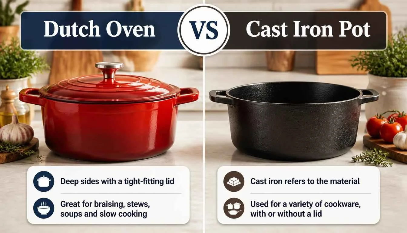 Dutch oven vs cast iron pot comparison showing a deep lidded Dutch oven beside a cast iron pot.