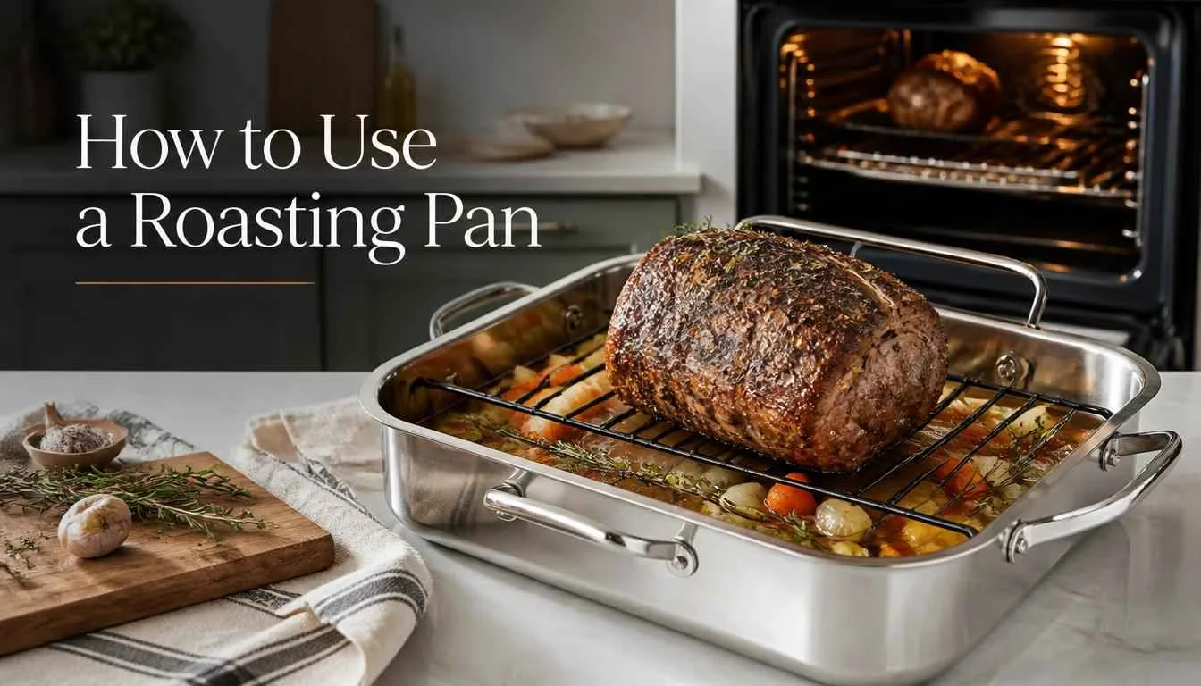 How to use a roasting pan with a rack, roast, vegetables, and cooking liquid.