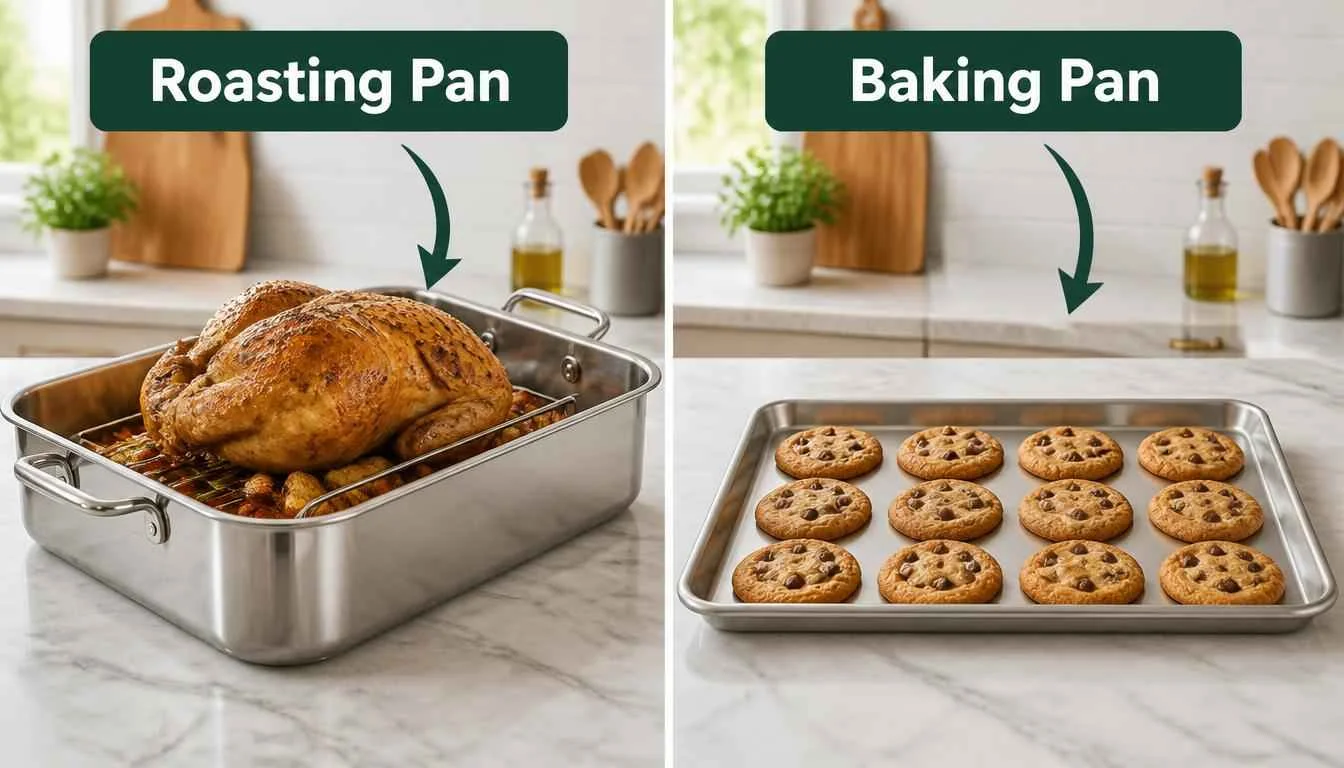 Roasting Pan vs Baking Pan side-by-side comparison in a modern kitchen.